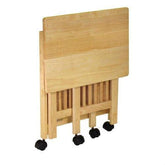 A portable folding table on wheels, showcasing a sturdy wooden top, perfect for events or small spaces.